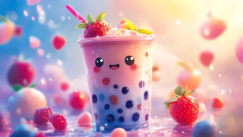 Smiling strawberry bubble tea cup glows in soft pastel light