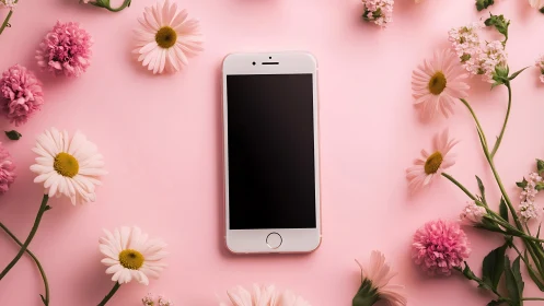 White iPhone Surrounded by Pink Flowers on Pastel Background