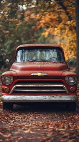 Front view shows weathered red vintage pickup truck parked