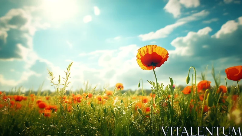 Backlit orange poppy field under dynamic cumulus sky at noon
