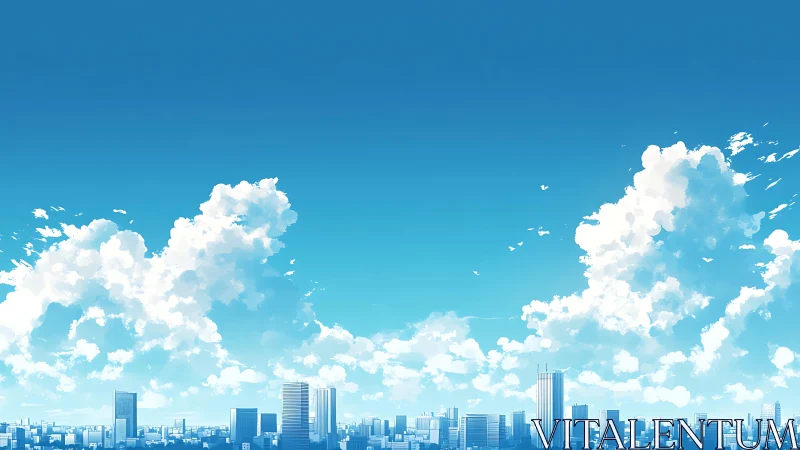 Urban skyline under expansive blue sky with clouds.