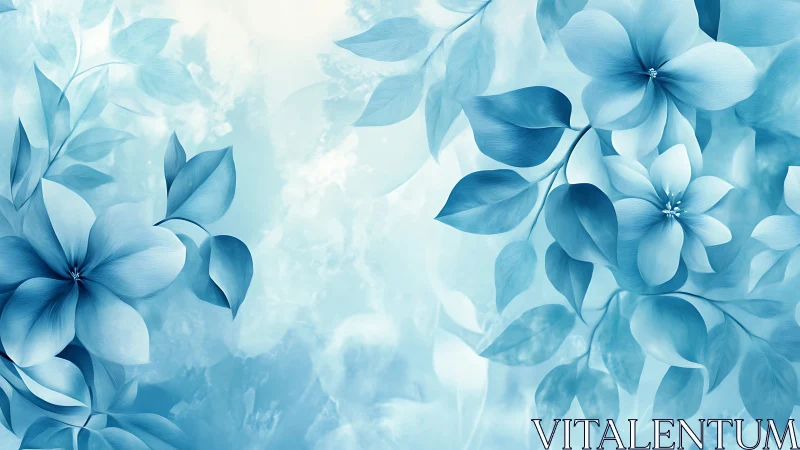 Blue botanical flowers rendered with soft-focus layering and translucent petal geometry