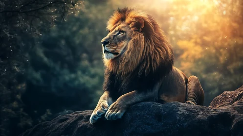 Majestic lion rests on sunlit rock in tranquil forest glow.