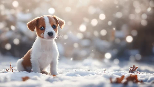 Snowlit puppy wonderland under a halo of winter sparkles.