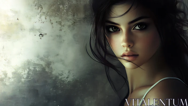 Digital portrait of woman with dark hair and gaze.