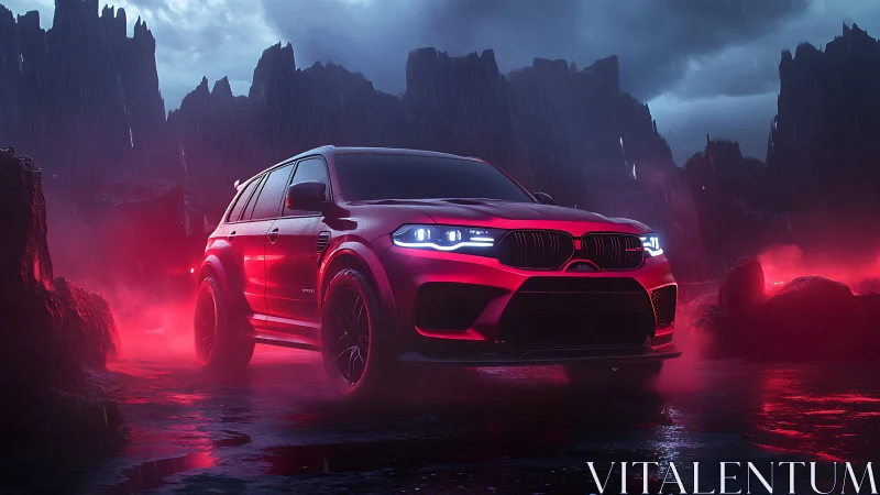 Crimson SUV cutting through stormy neon dusk roads.