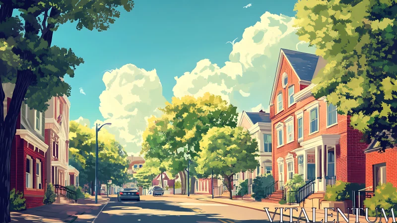 Sunny suburban street with red brick townhouses and trees.