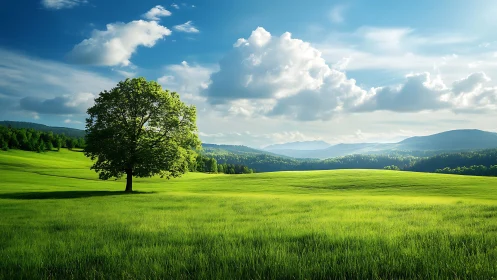 Solitary deciduous tree on luminant meadow under cumulus sky.