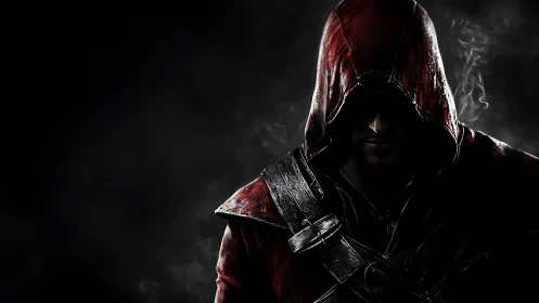 Hooded figure in red leather coat emerges from dark background