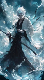 White-haired swordsman amid swirling blue storm clouds.