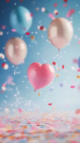 Floating balloons with confetti particles in blue atmospheric space.