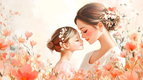 Mother and Daughter with Floral Wreaths in Warm Botanical Setting.