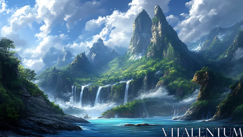 Sunlit waterfalls tumbling through emerald mountain cliffs.