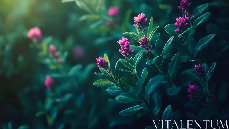 Sunlit magenta buds glow gently against deep green foliage.