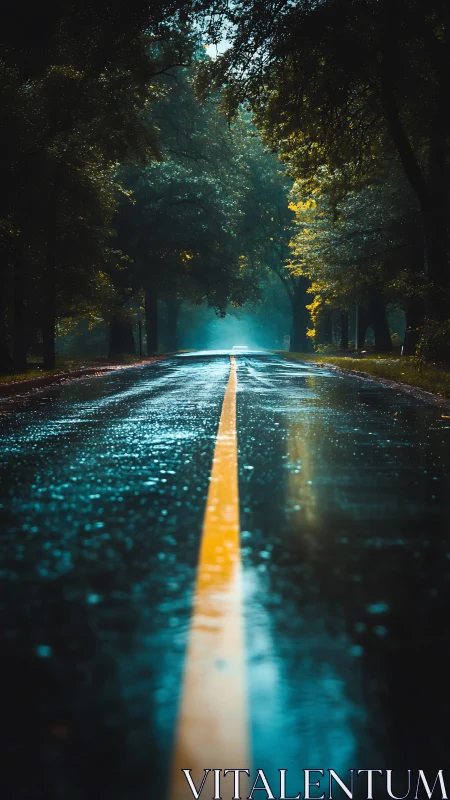 Wet Road Through Luminous Forest Tunnel at Night.