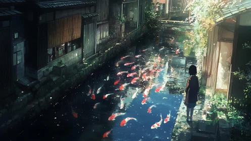 Girl watches koi drift through a quiet canal at dusk.