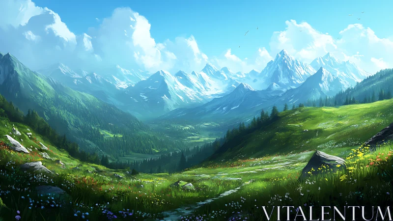 Snowcapped mountain range above sunlit green valley.