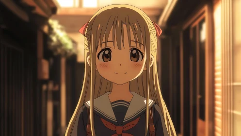 Sunlit hallway stroll with a shy, soft-smiling schoolgirl.