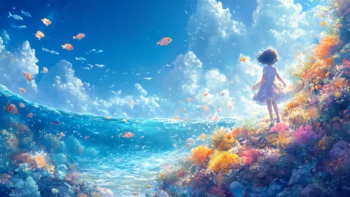 Sky-tipped shoreline lets a dreaming girl walk into waterlight