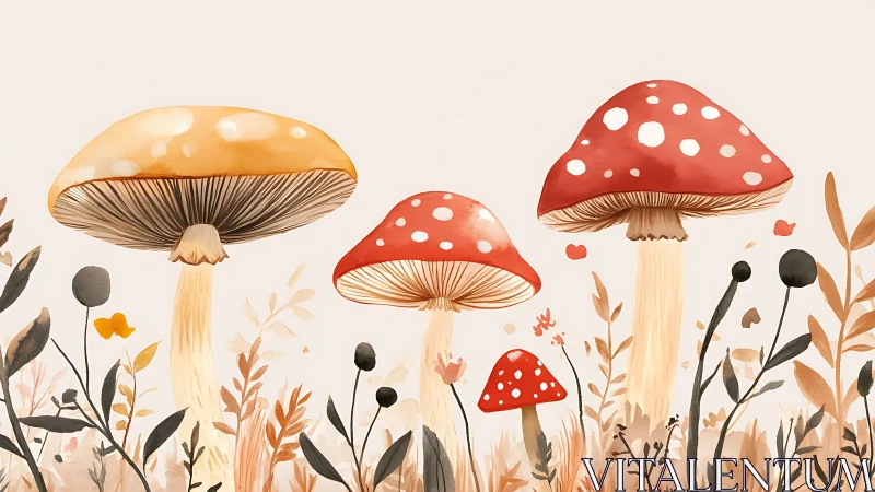 Whimsical red toadstools in neutral botanical watercolor field.
