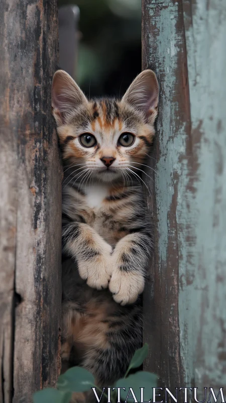 Tabby Kitten Peering Through Weathered Metal Gap.