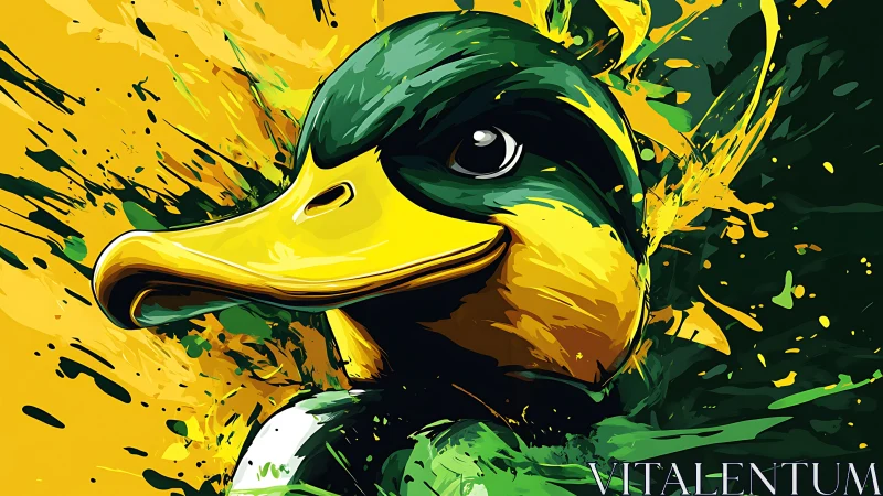 Vibrant duck portrait splashed with bold emerald and gold.