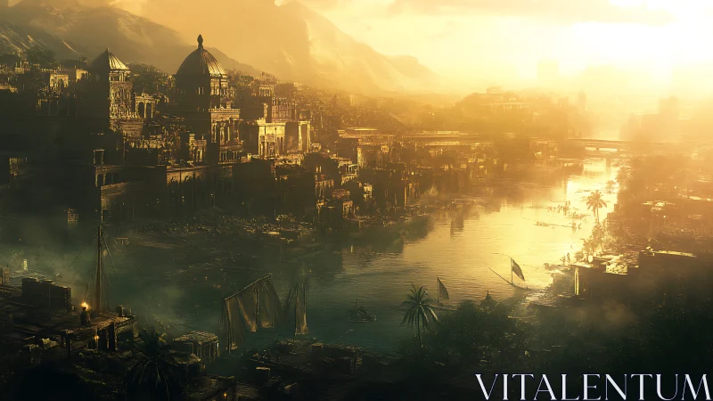 Sunlit river metropolis in monumental antiquity concept art.