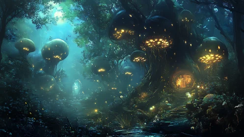 Bioluminescent forest habitat integrates giant fungi and carved tree