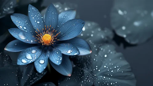 Macro Floral Study: Blue Blossom with Rainfall Bokeh.
