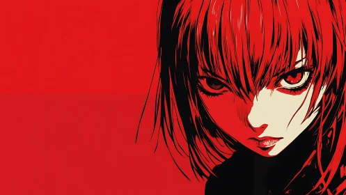Fierce red haired anime girl framed in bold shadowed light.