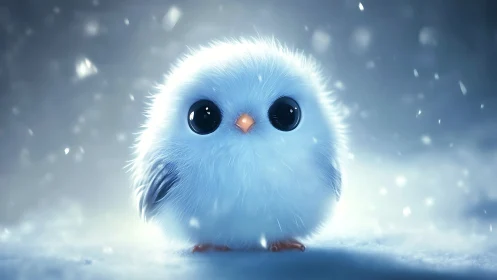 Fluffy Baby Bird in Snowy Winter Wonderland, Digital Art Style.