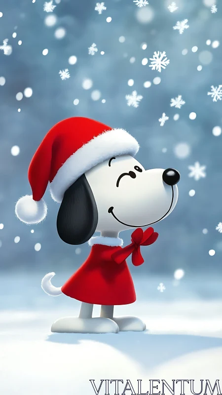 3D Christmas beagle character in stylized snowfall scene.