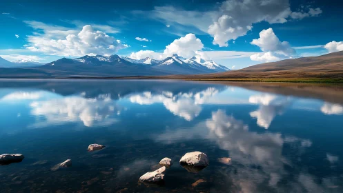 Clouds trade secrets with mirrored mountains at still lake