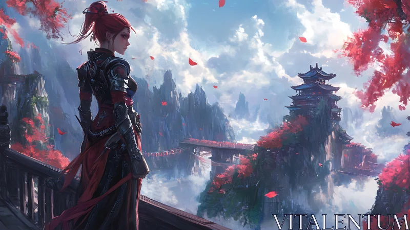 Warrior’s quiet watch over a misty crimson mountain temple.