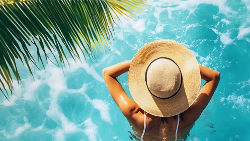 Overhead poolside composition showing sunlit swimmer and straw hat