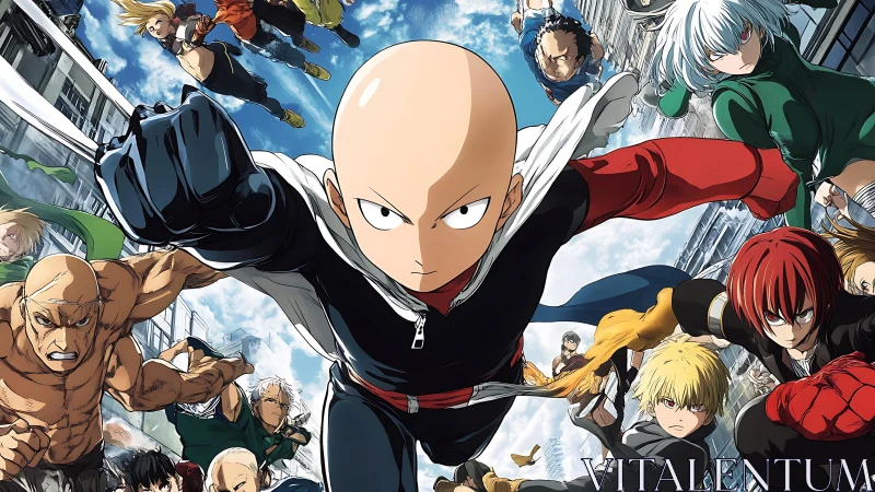 Dynamic anime hero ensemble surging forward in forced perspective