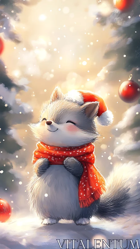 Festive fox smiles in snowy forest amid warm holiday glow.