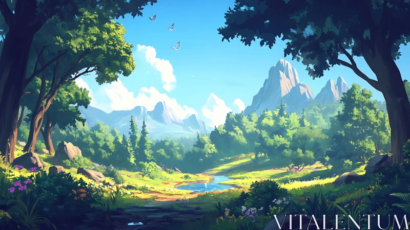 Digital fantasy landscape with mountains, forest, and meadow valley scene
