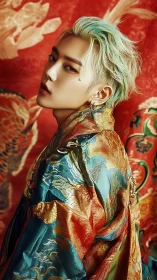 Portrait of person in ornate brocade robe against tapestry.