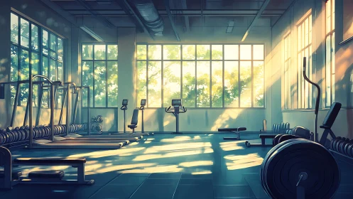 Sunlit empty gym interior shows weights and cardio machines