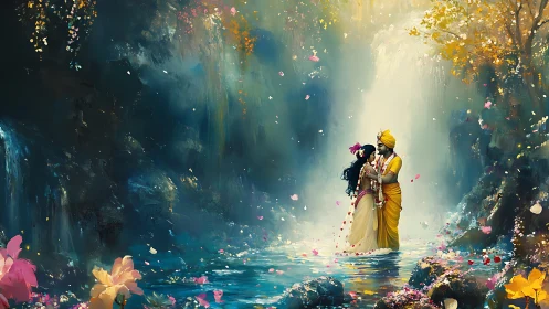 Two figures in golden robes within an ethereal garden corridor.