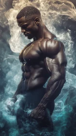 Powerful silhouette in swirling blue and gold mist.