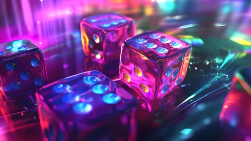 Neon casino dice drifting through liquid rainbow luck.