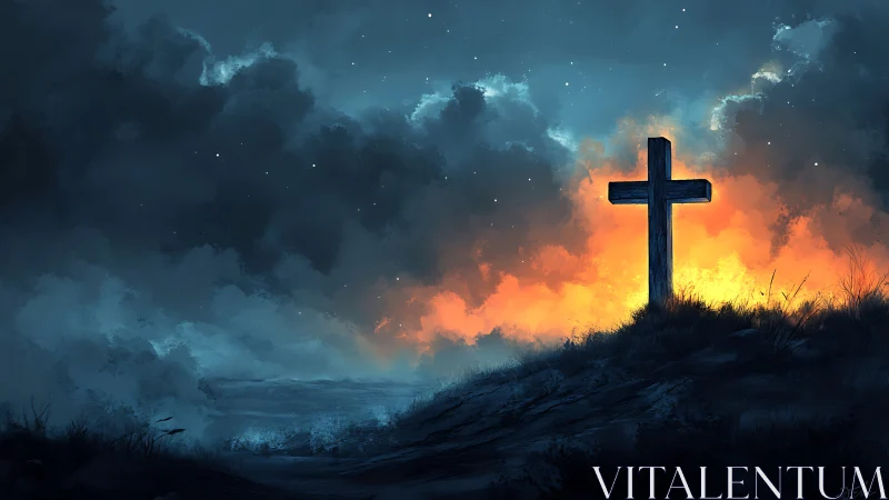 Lone hilltop cross drinking in a storm-bright resurrection sky.