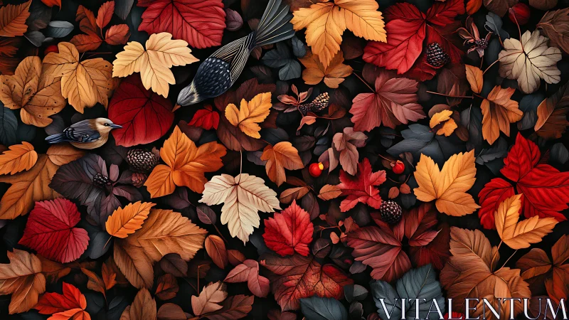 Crimson forest floor where autumn leaves cradle quiet birds.