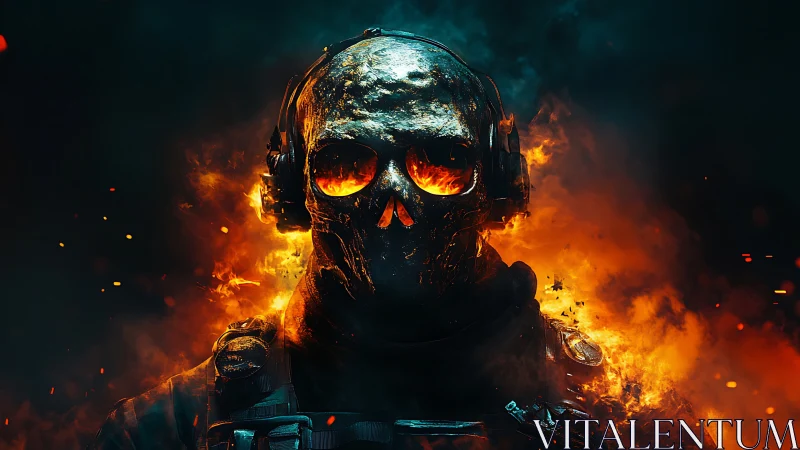 Flaming metallic skull soldier with headset in explosive blaze
