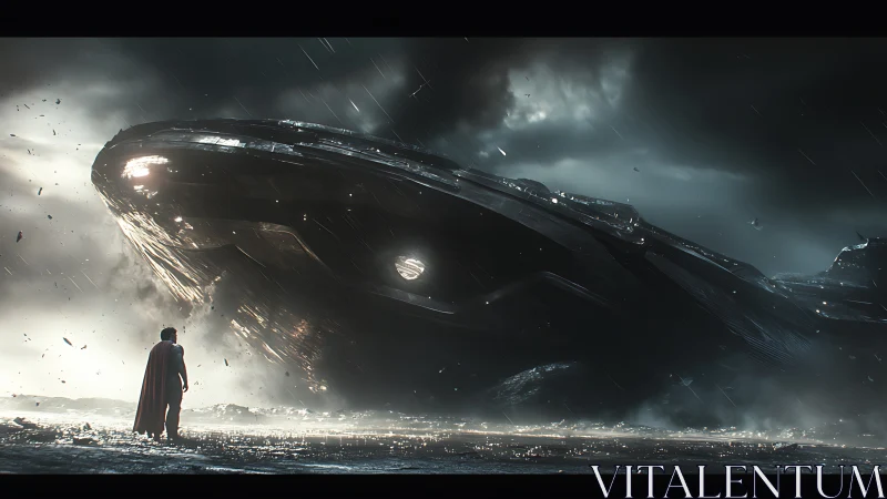 Figure observing grounded spacecraft in storm environment.