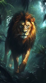 Rain‑forged jungle lion striding through emerald storm.