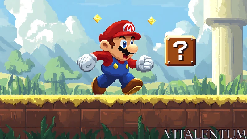 Cheerful pixel hero runs toward a mystery block in bright world