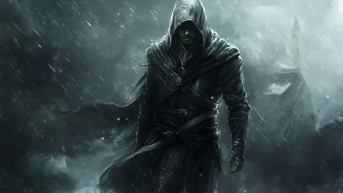 Storm‑shrouded rogue strides through midnight rainstorm.
